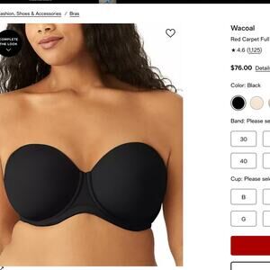 NWOT Wacoal Black Red Carpet Full Figure Underwire Strapless Bra 854119 Sz 34DD